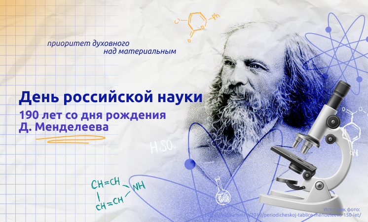 День российской науки. 190 лет со дня рождения Д. И. Менделеева..